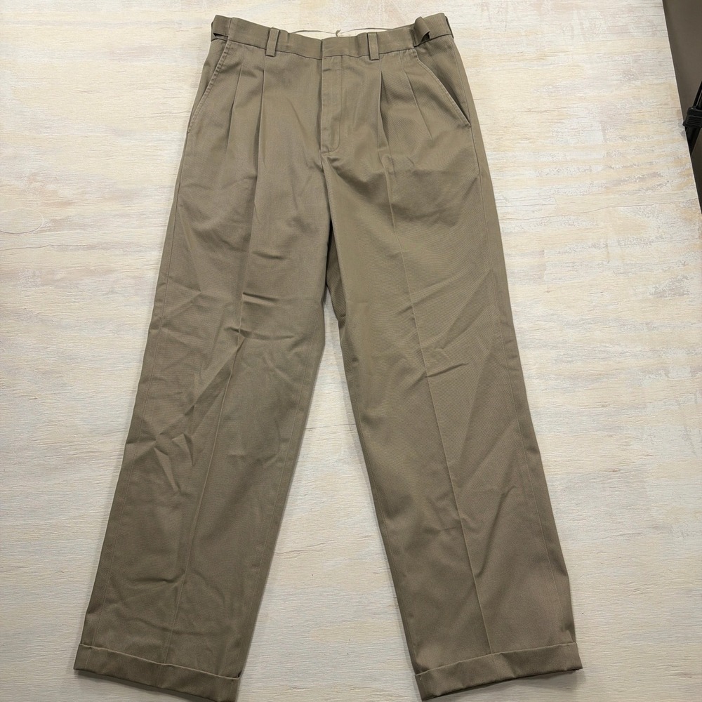 L.L. Bean Pants Pleated Chino Cuffed Hem Khaki Tan Mens 34x30